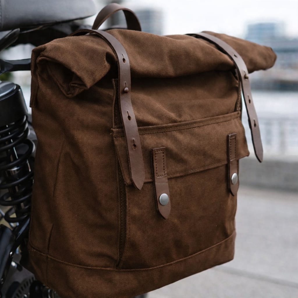 SVAROG England Waxed Canvas Motorcycle Saddlebag, Suede Leather Waterproof Pannier
